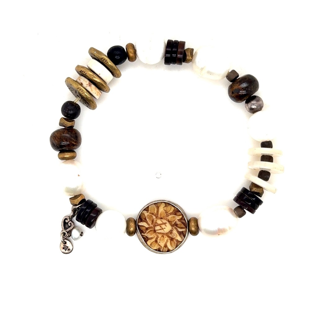 Silpada Mixed Media Stretch Bracelet Pearl Carved Bone Sun Medallion B2149